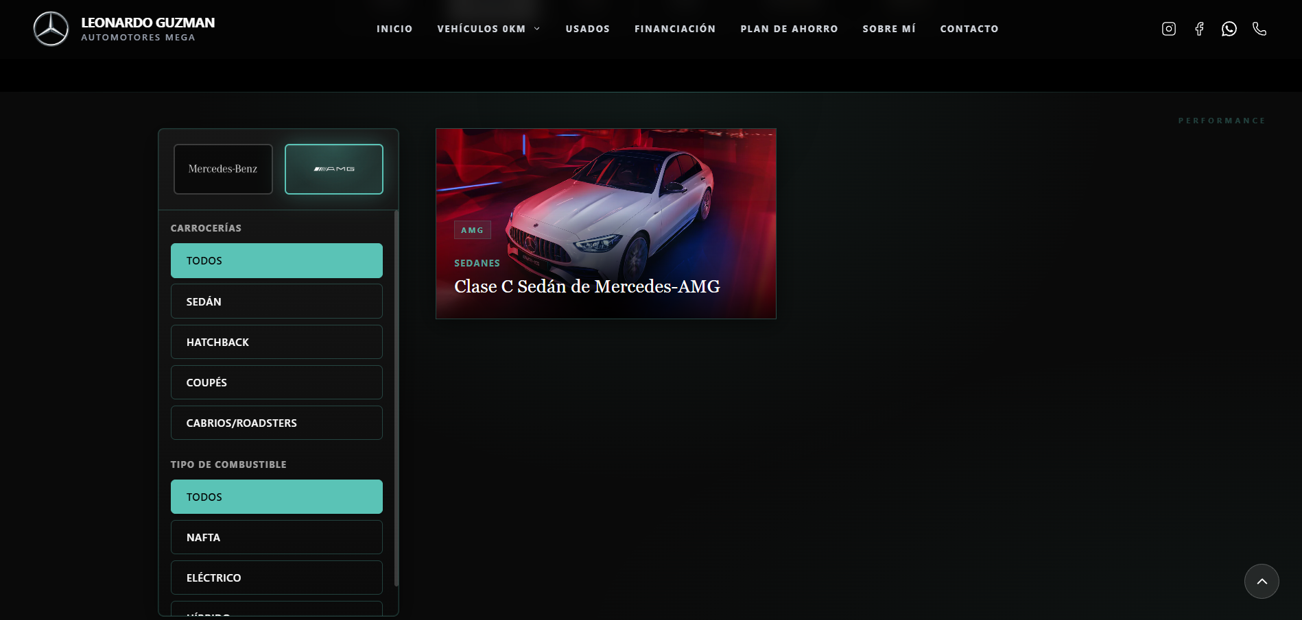 Listado de vehículos con sidebar de filtros y switch Mercedes-Benz / AMG